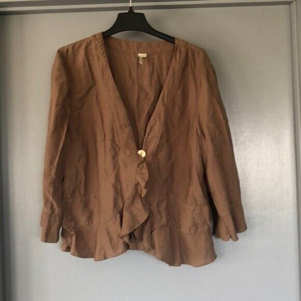 Focus Brown One-Button Open Cardigan Jacket Ruffles 3/4 Sleeve Rayon Nylon Flax